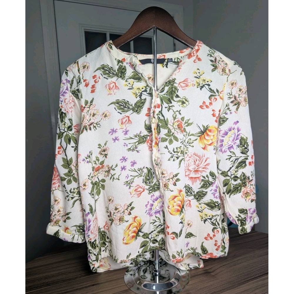 FIG Women's Floral Blouse Medium Cream Multicolor 3/4 Sleeve Rayon Boho Vintage